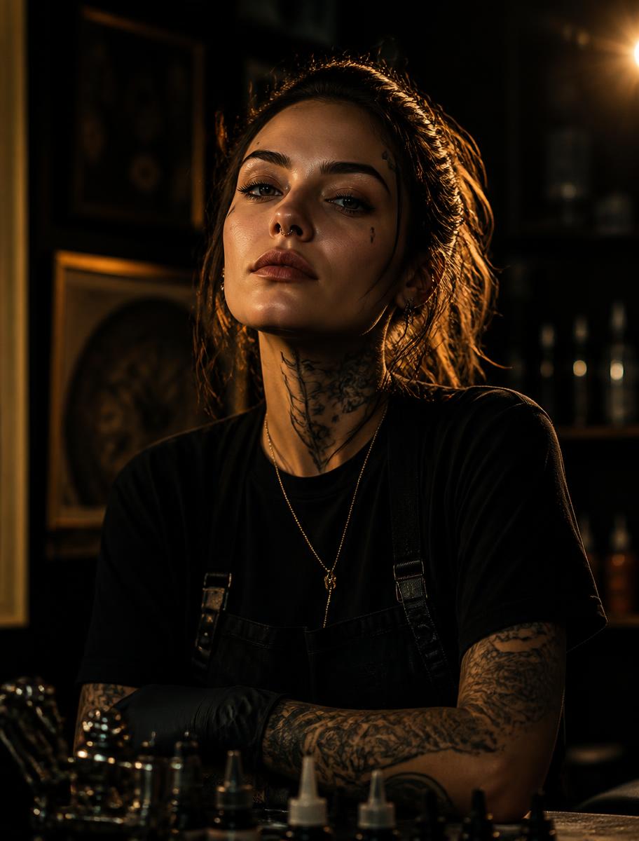 Portrait of Raven, tattoo artist, in her studio