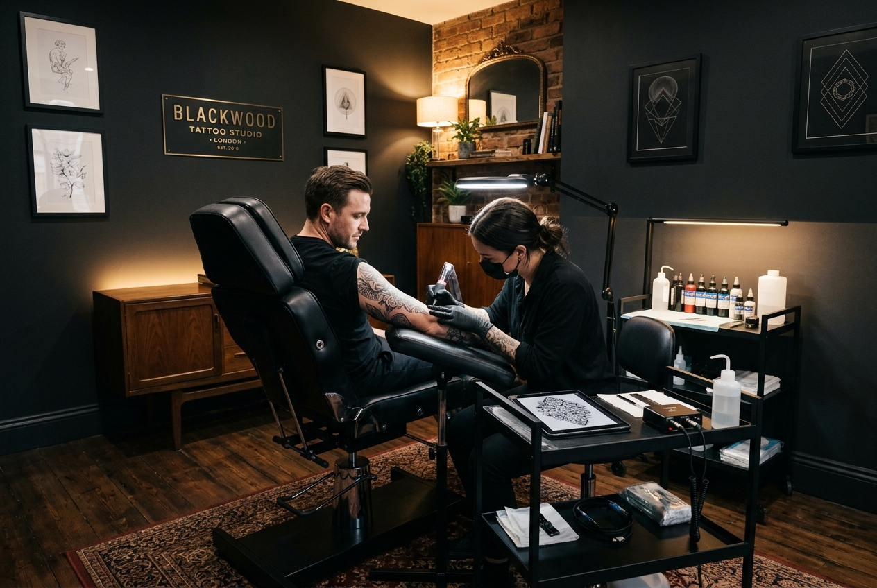 Private luxury tattoo studio interior in warm low light