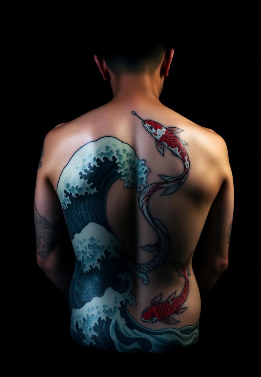 Traditional Japanese Irezumi back tattoo composition