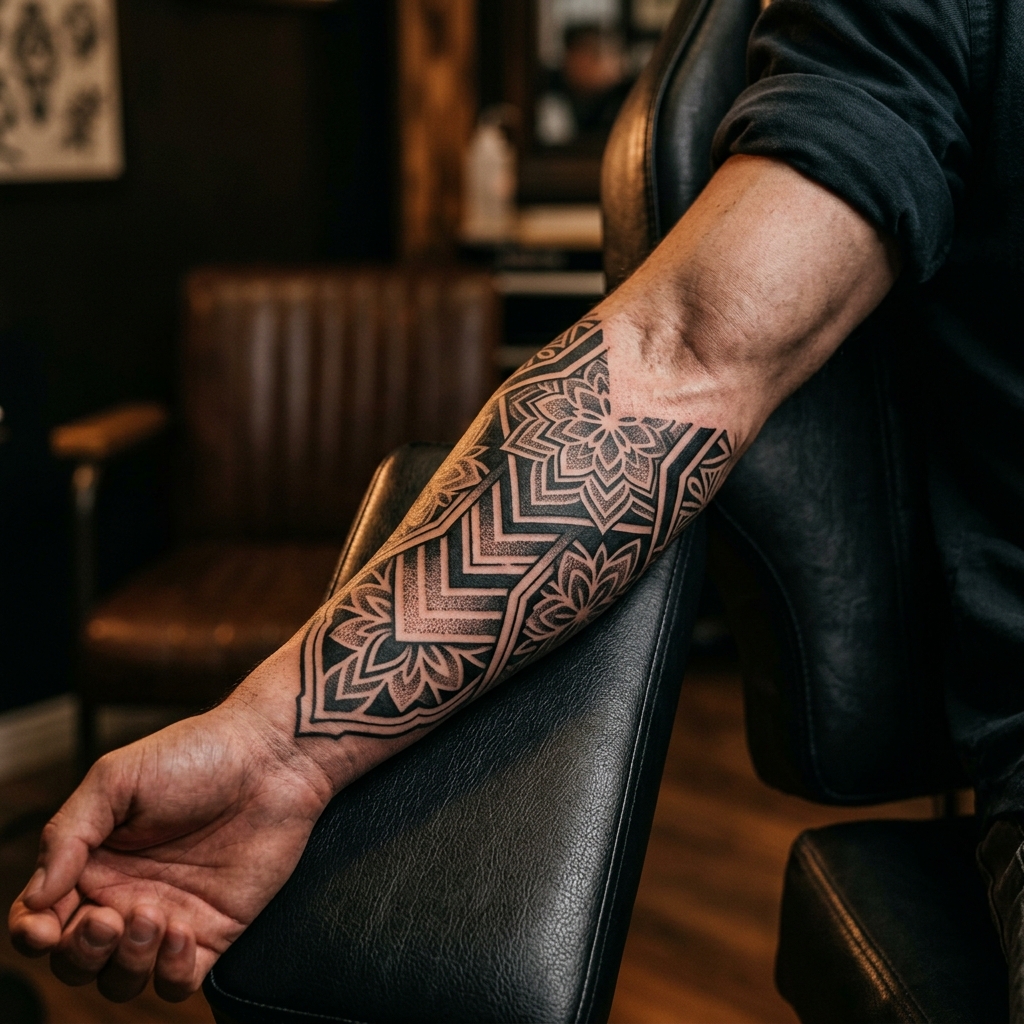 Geometric blackwork ornamental tattoo on inner arm