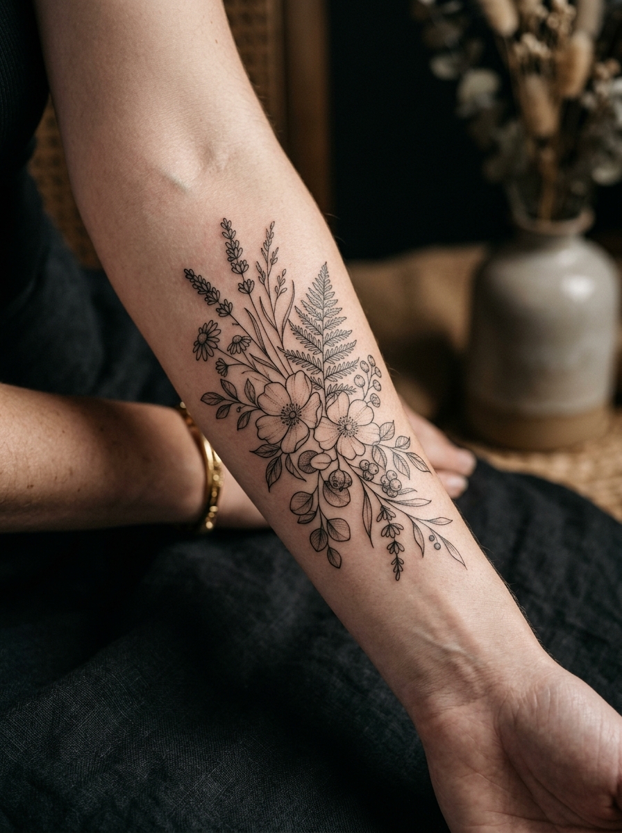 Delicate fine line botanical wildflower tattoo on forearm