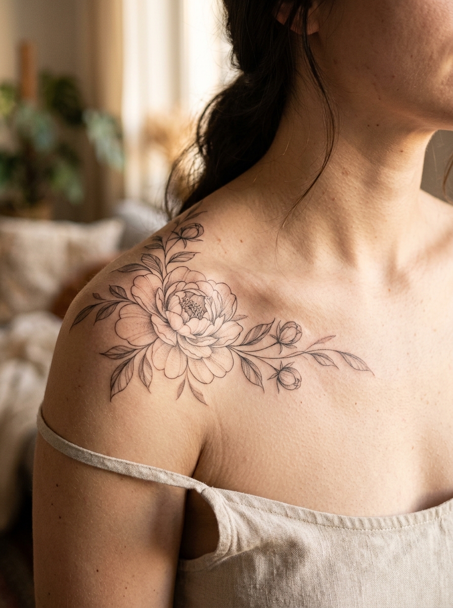 Single-needle peony floral tattoo on shoulder and collarbone