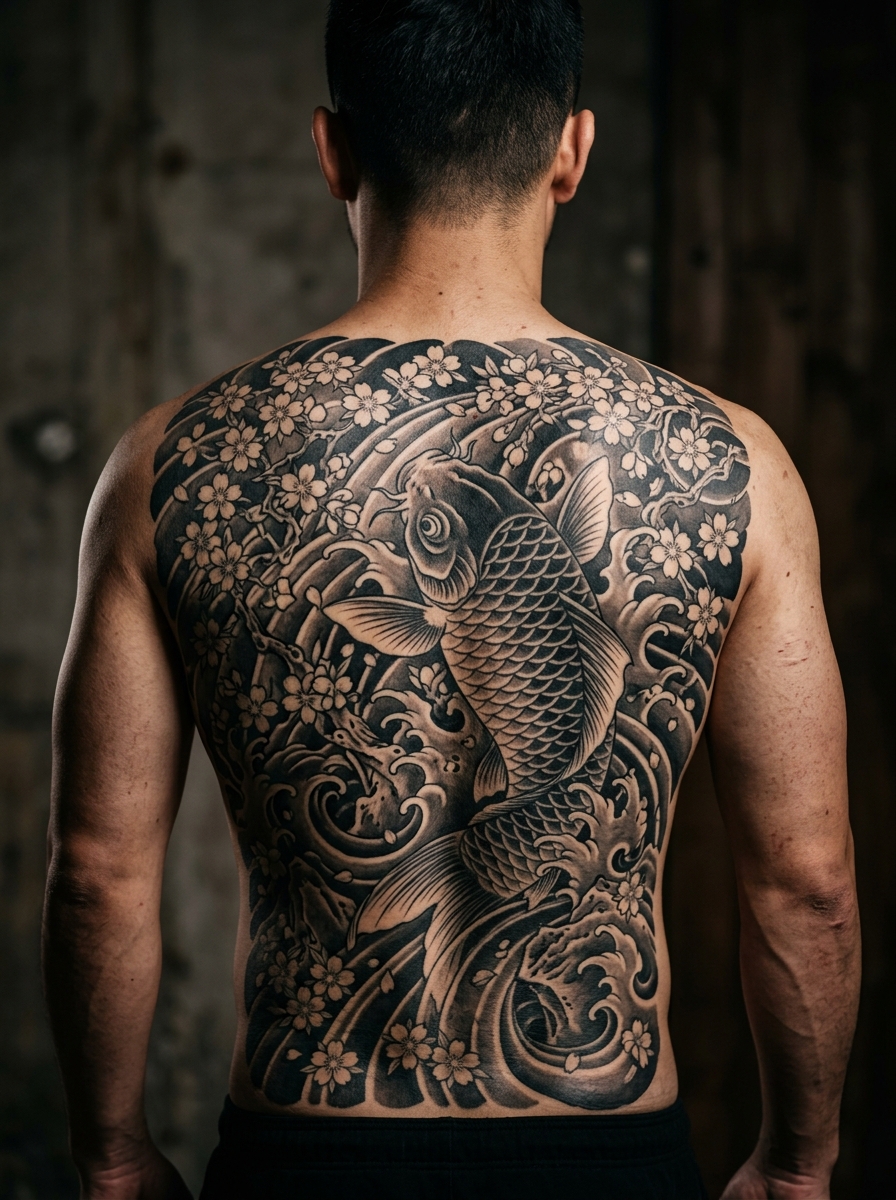 Japanese Irezumi koi and wave back piece tattoo