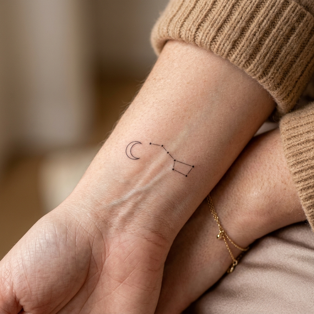 Micro fine line constellation moon tattoo on wrist