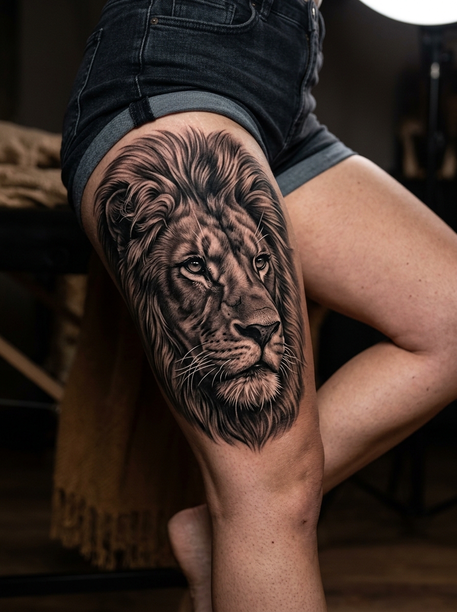 Greyscale realistic lion portrait tattoo on thigh